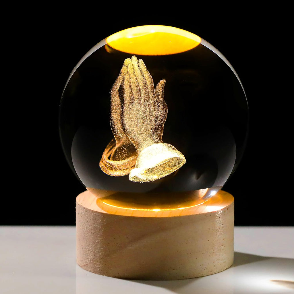 3D Hands Prayer Crystal Ball - Religious Glass Figurine with Wooden Base | 2.36-Inch Night Light Decor