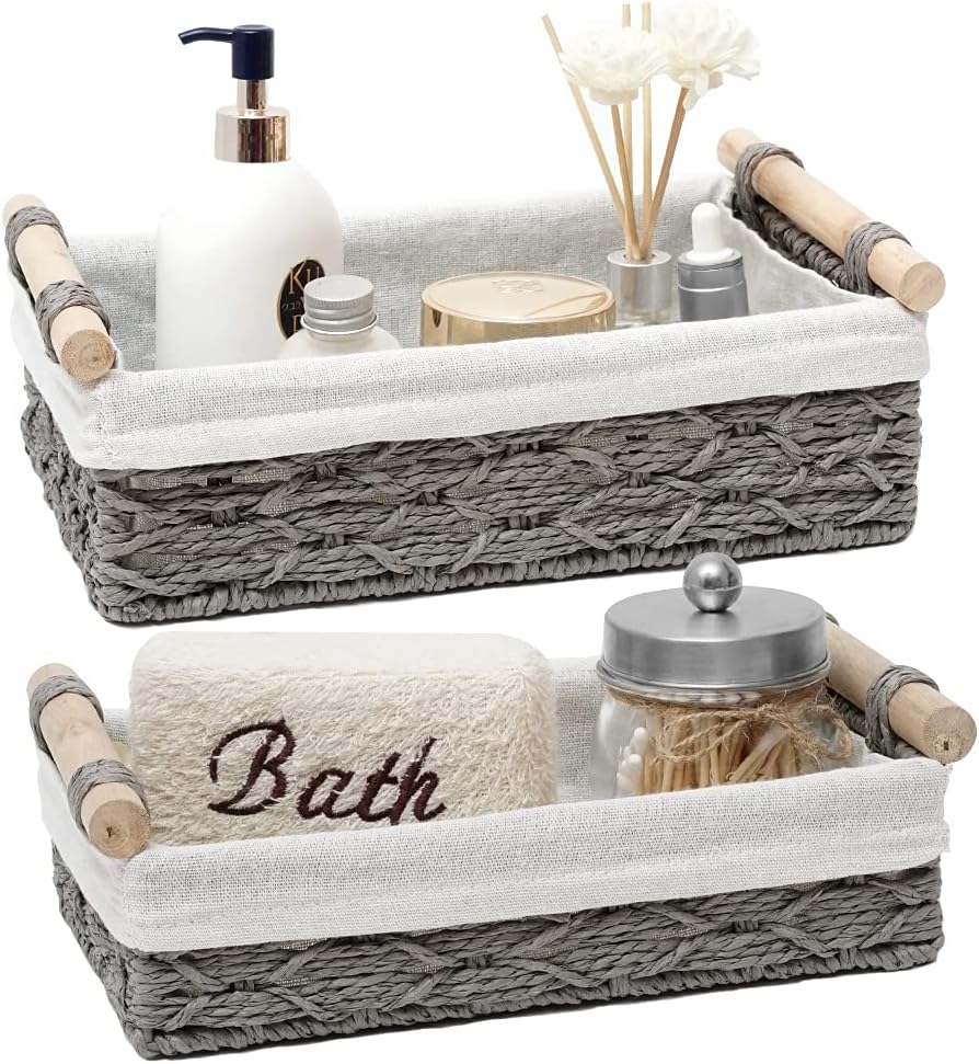 Storage Basket Set of 2 - Wicker Baskets for Organizing Counter & Toilet Paper - Grey