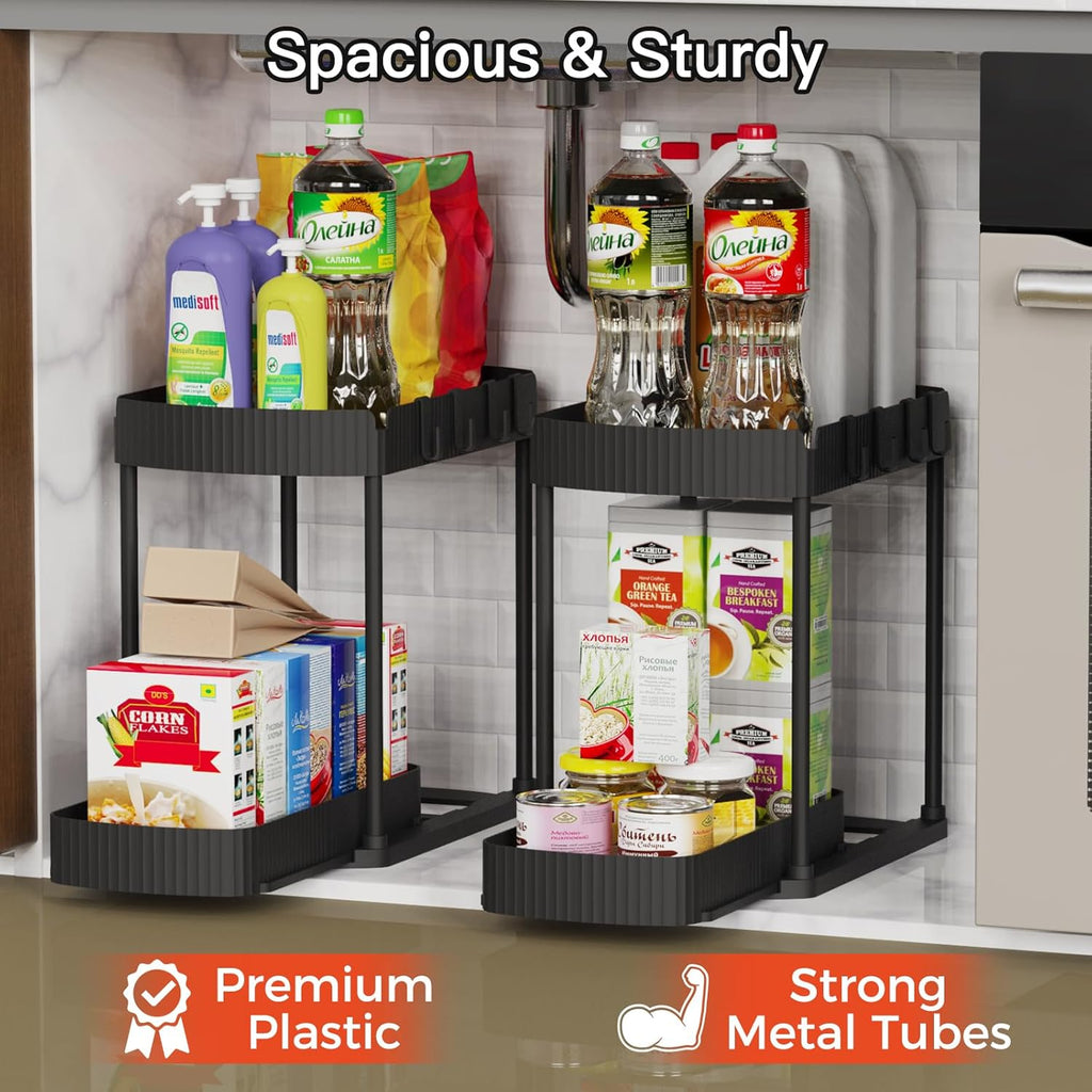 Ukeetap Multi-Purpose Pull-Out Storage Organizers - Under Sink & Cabinet Solutions, Black, 12.8 Inches, 2 Pack