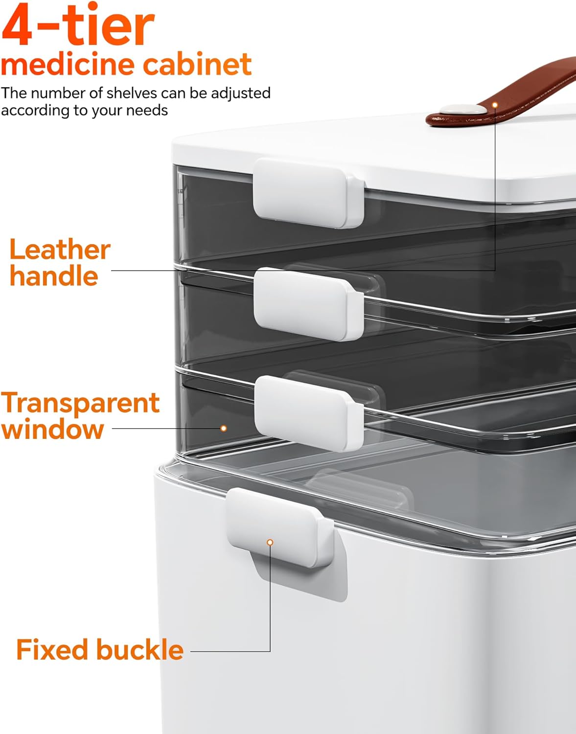 Skiennix 4-Tier Medicine Cabinet Organizer - Stylish Leather Handle & Portable Weekly Pill Organizer | Multipurpose Storage Box for Family Emergencies
