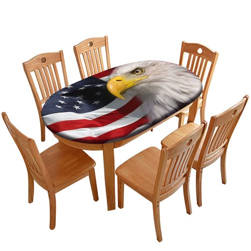 4th of July Oval Fitted Tablecloths, American Bald Eagle on American Flag Elastic Edged Table Covers, Fits Tables up to 48" x 68", Windproof Table Cloths for Indoor Restaurant Outdoor Dining Decor