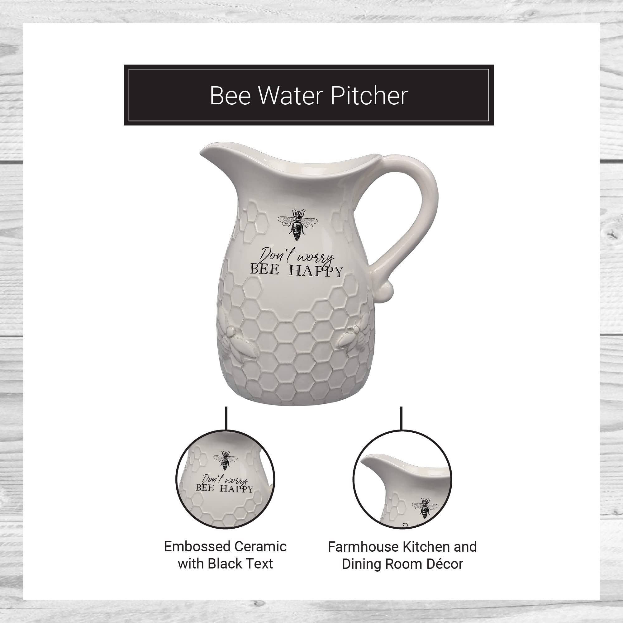 Young's Inc. Ceramic Water Pitcher - Large Serving Pitcher for Iced Tea, Coffee, and Cold Drinks - Ideal for Family Gatherings, Dinner Parties, and Brunches - 9" x 9" x 10" - Don't Worry Bee Happy