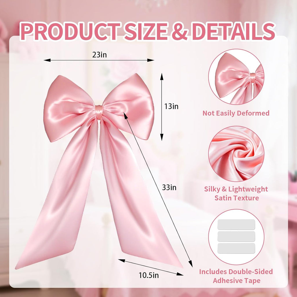 Skiennix Large Pink Bow - Elegant Satin Ribbon Tie for Birthday, Baby Shower & Bridal Decor | 23 x 32 in