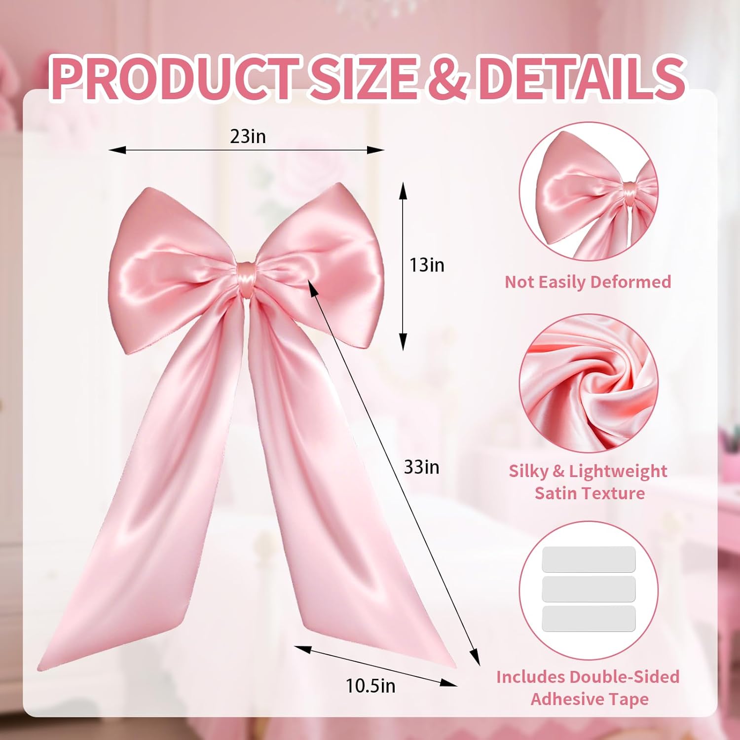 Skiennix Large Pink Bow - Elegant Satin Ribbon Tie for Birthday, Baby Shower & Bridal Decor | 23 x 32 in