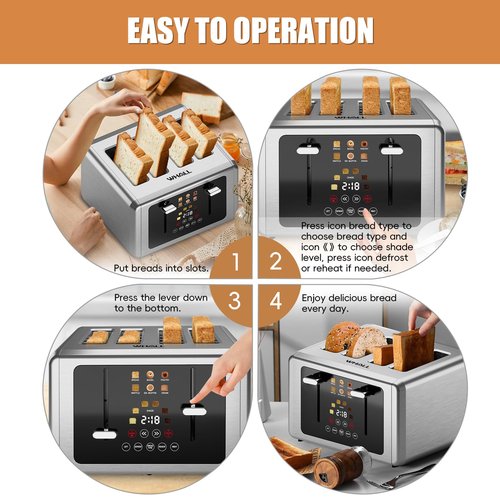Whall 4-Slice Smart Toaster with Touchscreen & Extra-Wide Slots, Dual Independent Control, 6 Browning Levels & 6 Bread Types, Memory Function,Countdown Timer, Ideal Kitchen Gift,Silver