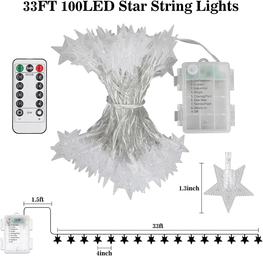 Star String Lights - 33ft 100 LED Waterproof Fairy Lights | 8 Modes for Indoor & Outdoor Decor