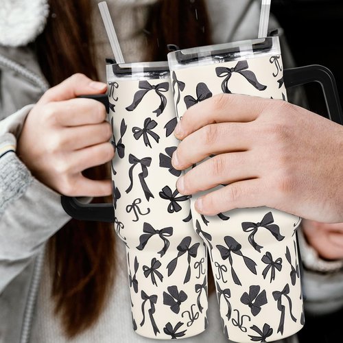 JarThenaAMCS Black Bow Tumbler with Lid and Straw 40oz Ribbon Bow Printed Tumbler with Handle Beige Black Stainless Steel Cup for Gift Home Office Travel