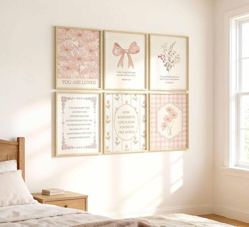 CBLIORUD Pink Christian Flower Canvas Wall Art - 6Pcs Bible Verse Decor for Girly Bedroom & Nursery
