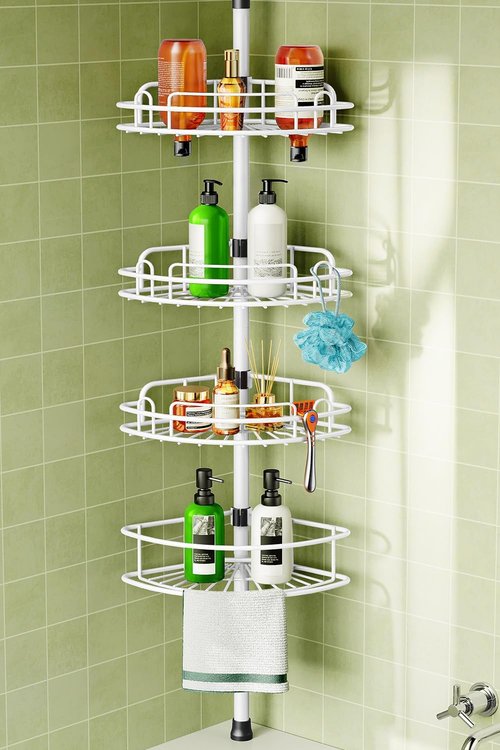 HAMITOR Corner Shower Caddy Tension Pole - Rustproof Bathroom Organizer for Shampoo & Accessories | 47-121 Inch - White