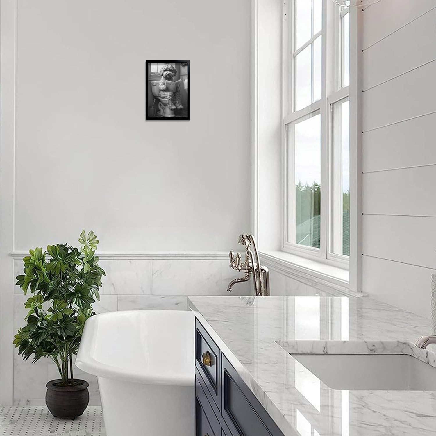 OIQArt Funny Bathroom Wall Art - Black and White Teddy Dog Canvas Print | Humorous Decor for Restroom