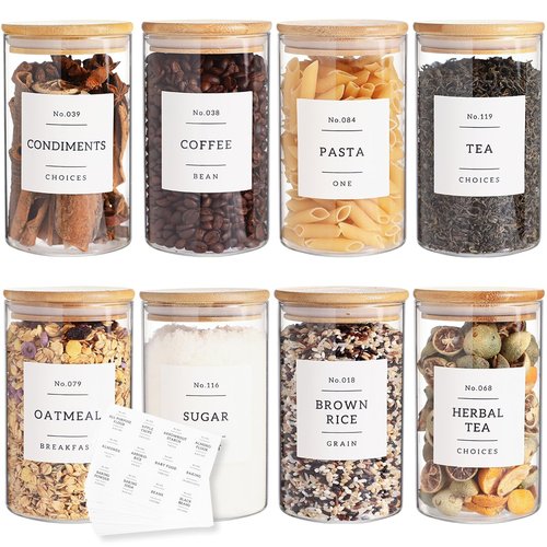 CZZGSM 8 Pack Glass Jar with Airtight Bamboo Lid and White 132 Kichen Pantry Labels Preprinted - 21 Oz Clear Round Glass Food Storage Containers set For Tea Coffee Sugar Spice