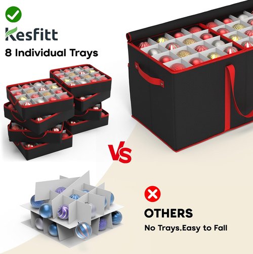Kesfitt Christmas Ornament Storage Box - Large Organizer for 128 Ornaments with Dividers & Pockets (Black)