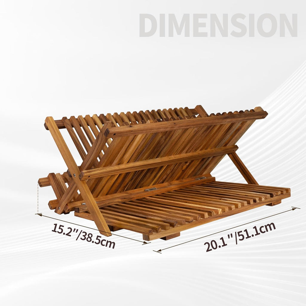 Utoplike Teak Dish Drying Rack - Large 3-Tier Collapsible Kitchen Organizer for Plates & Cups