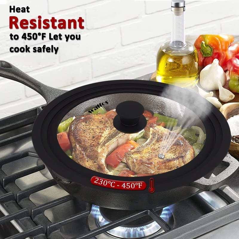 Walfos Universal Lid for 9.5", 10.5" and 11" Diameter Cookware, Fits Pots, Pans and Skillets - Walfos Tempered Glass Pan Lid with Heat Resistant Silicone Rim, BPA Free Pot Lids, Dishwasher-Safe, Black