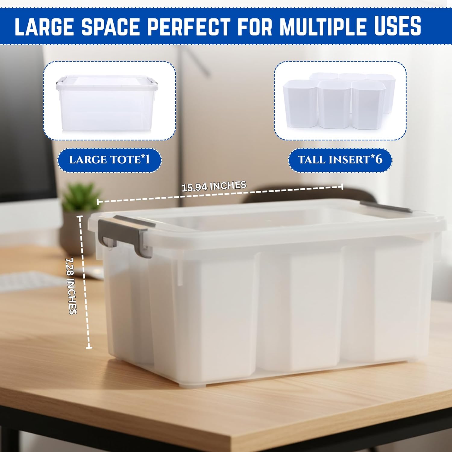 Trivon Plastic Storage Bins - Versatile 17 QT Clear Container with 6 Removable Inserts | White, 15.94x7.61x7.28 Inches