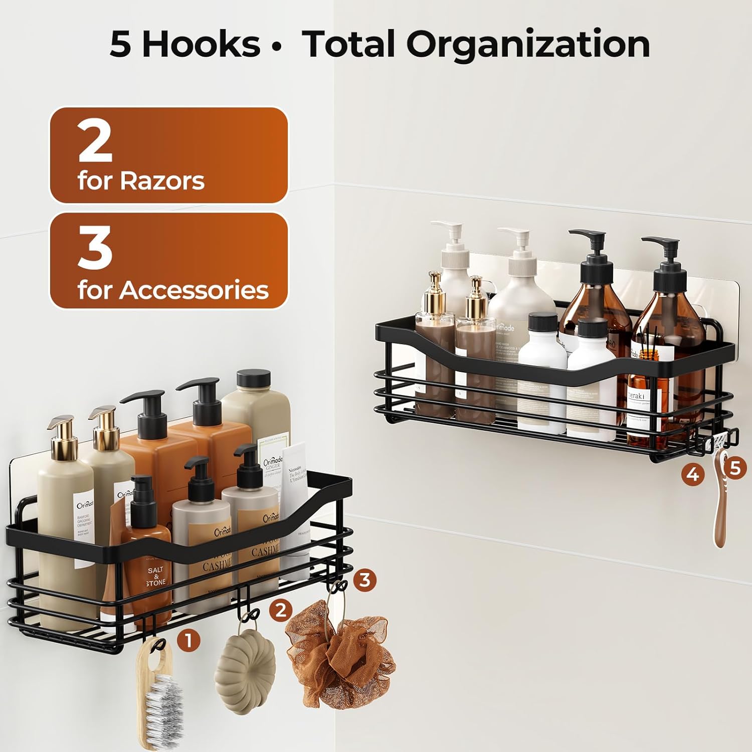 Orimade Adhesive Shower Caddy Shelf - Rust Resistant Wall Mounted Organizer with 5 Hooks | 2 Pack, Black