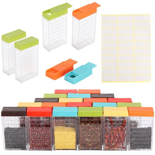 URALFA 24 Travel Spice Containers with 2-in-1 Lids, Seasoning Containers with Labels Spice Jars with Shaker Lids, Travel Spice Kit Empty Plastic Salt Pepper Shaker, Seasoning Shaker for Camping BBQ