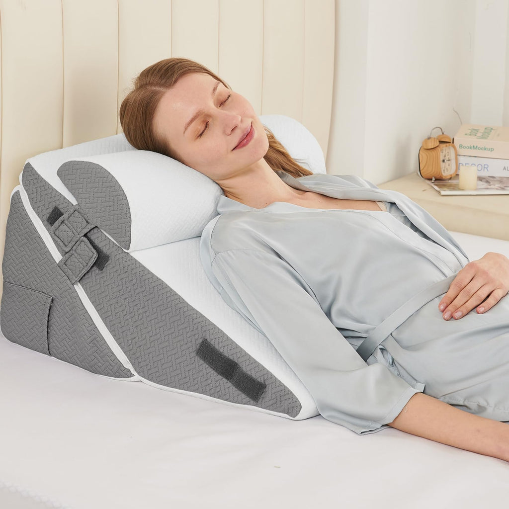 Sasttie Wedge Pillow Set for After Surgery, 2PCS Adjustable Bed Wedge Pillow Headboard with Memory Foam Neck Cushion – for Acid Reflux, Sleeping, Neck & Back Support, Dark Grey & White