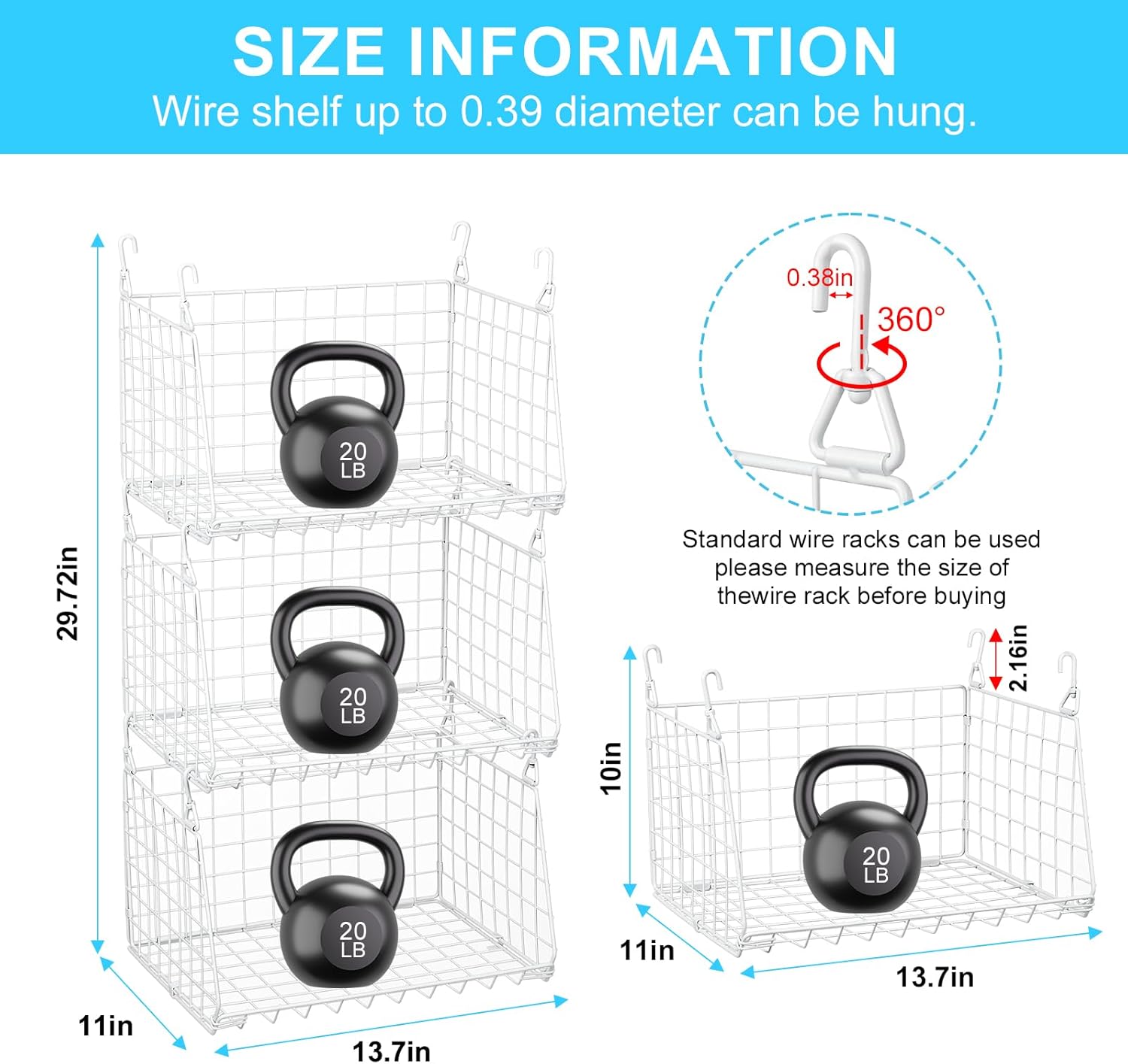 Skiennix 3-Tier Hanging Laundry Basket Organizer - Foldable Wire Shelf with 360° Rotating Hooks | Space-Saving Solution in White