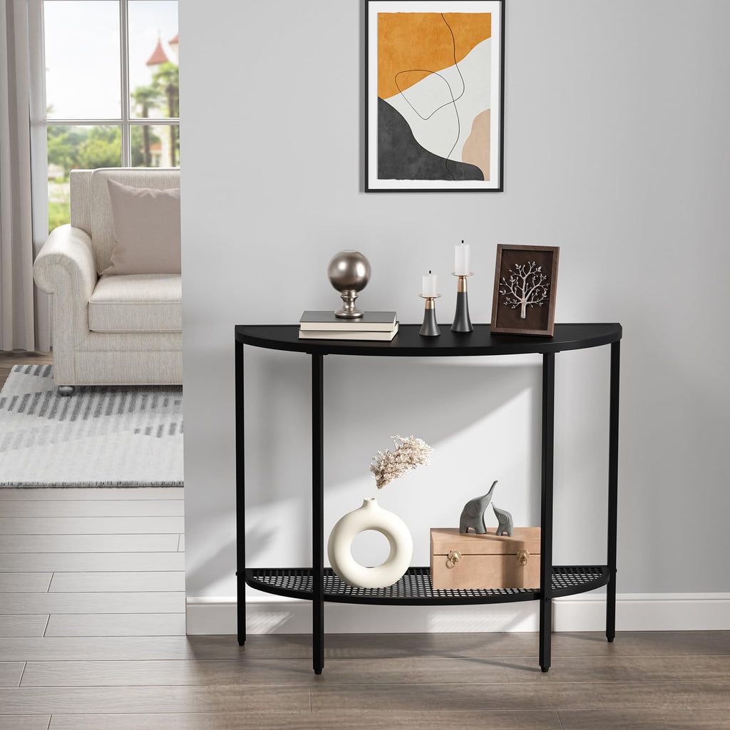 SAYGOER Glass Half Moon Console Table 2 Tier Narrow Entryway Table with Gold Metal Frames, Modern Couch Table Small Entry Way Tables, Easy Assembly, Clear Glass Gold Frames