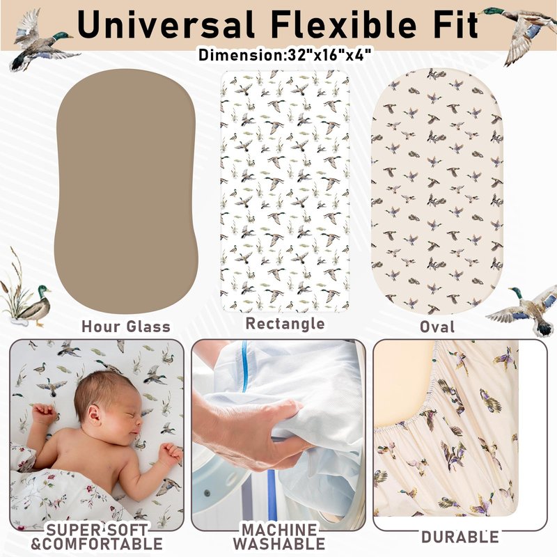 CroBlissful 4 Pack Mallard Duck Bassinet Sheets 32 x 16 x 4 Inches Hunting Stretchy Neutral Fitted Sheets Mallard Duck Baby Stuff Bedding for Standard Bassinet Mattress Gift Set