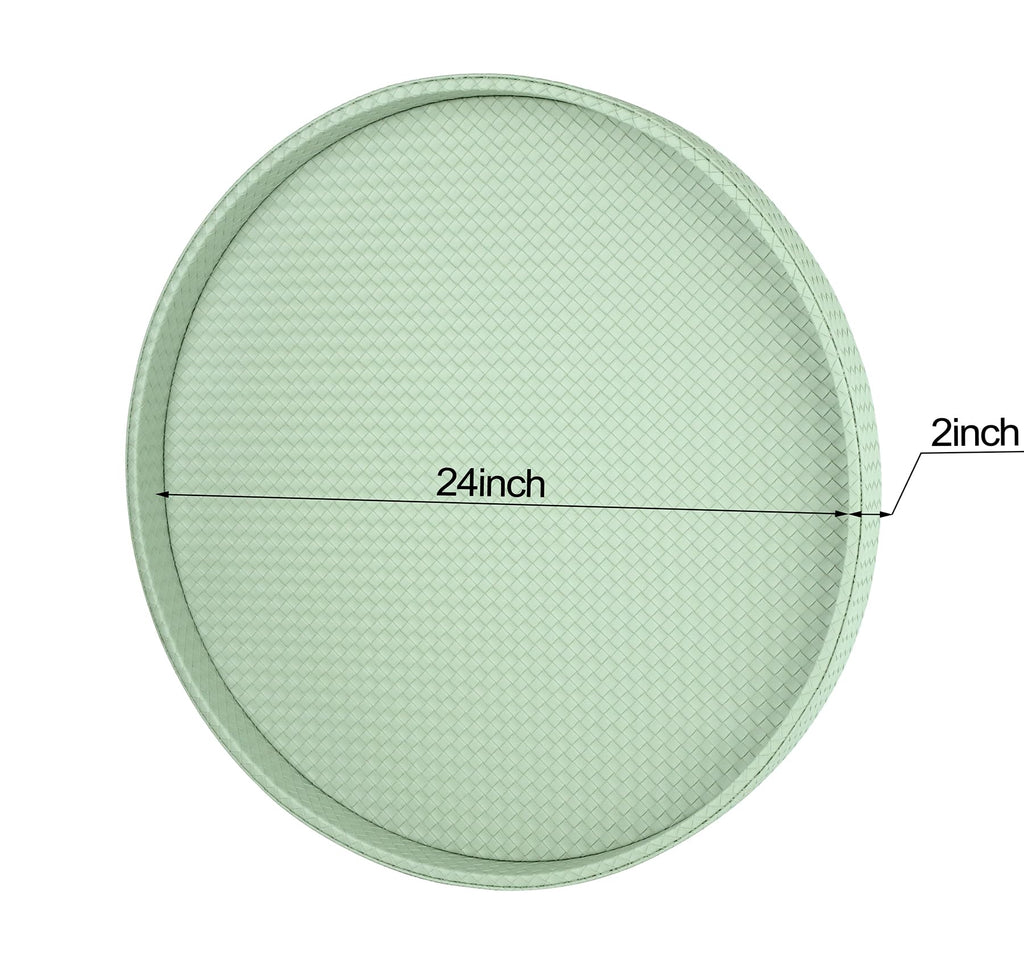 HofferRuffer Large Round Serving Tray 24'', Elegant Faux Leather Circle Ottoman Table Tray, Serve Tea Coffee Breakfast in Bedroom Living Room Kitchen (Light Green)