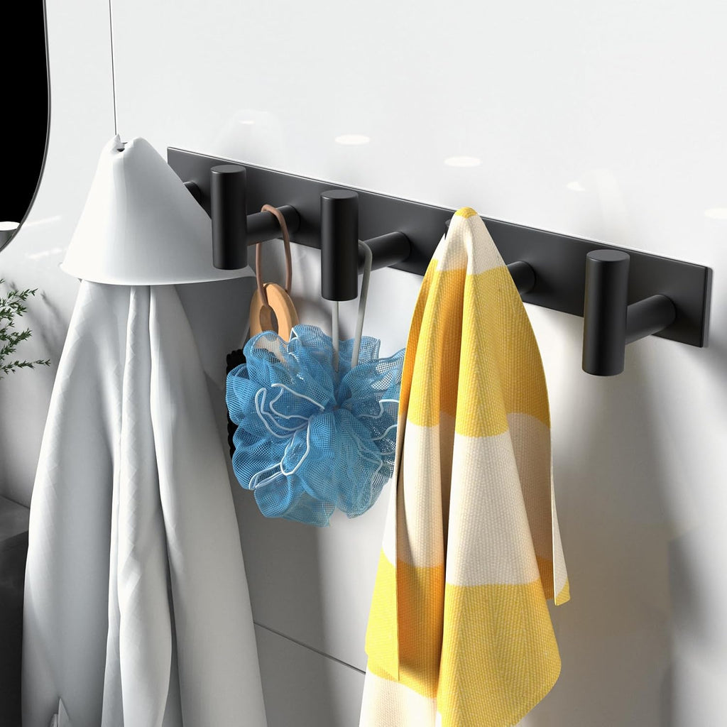 VAEHOLD Wall Mount Rack - Black Hat and Coat Organizer with 5 Hooks for Robes, Bags, Keys, Towels