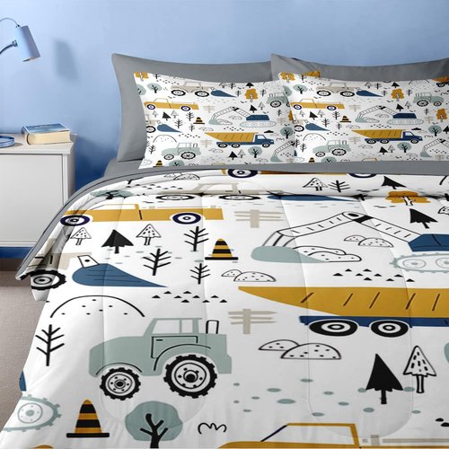 Nesker 5 Pcs Comforter Set Twin Size, Cute Cars Truck Tractor Bedding for Kids Teen, Cargo Crane Bulldozer Excavator Bed Sheet with Pillowcase & Sham