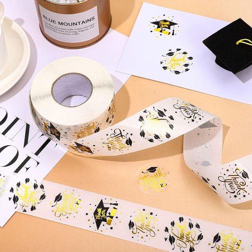 FYSUIMU Graduation Stickers Roll - 1000Pcs Gold Foil Thank You Labels | Self-Adhesive Grad Cap Designs