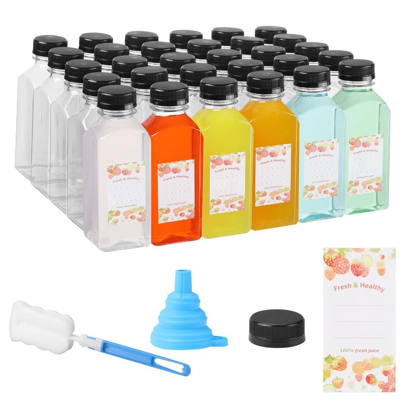 Party Club of America 30pcs 12oz Square Empty Reusable Juice Bottles With Caps,Label, Funnel, And Brush Drink Containers For Juicing Milkshake And Other Beverages
