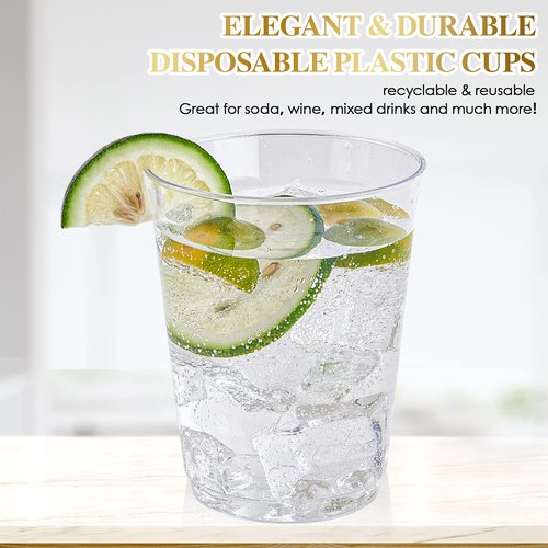 FOCUSLINE 10 oz Clear Plastic Cups, Disposable Heavy Duty Hard Plastic Cups, Reusable, 100 Count