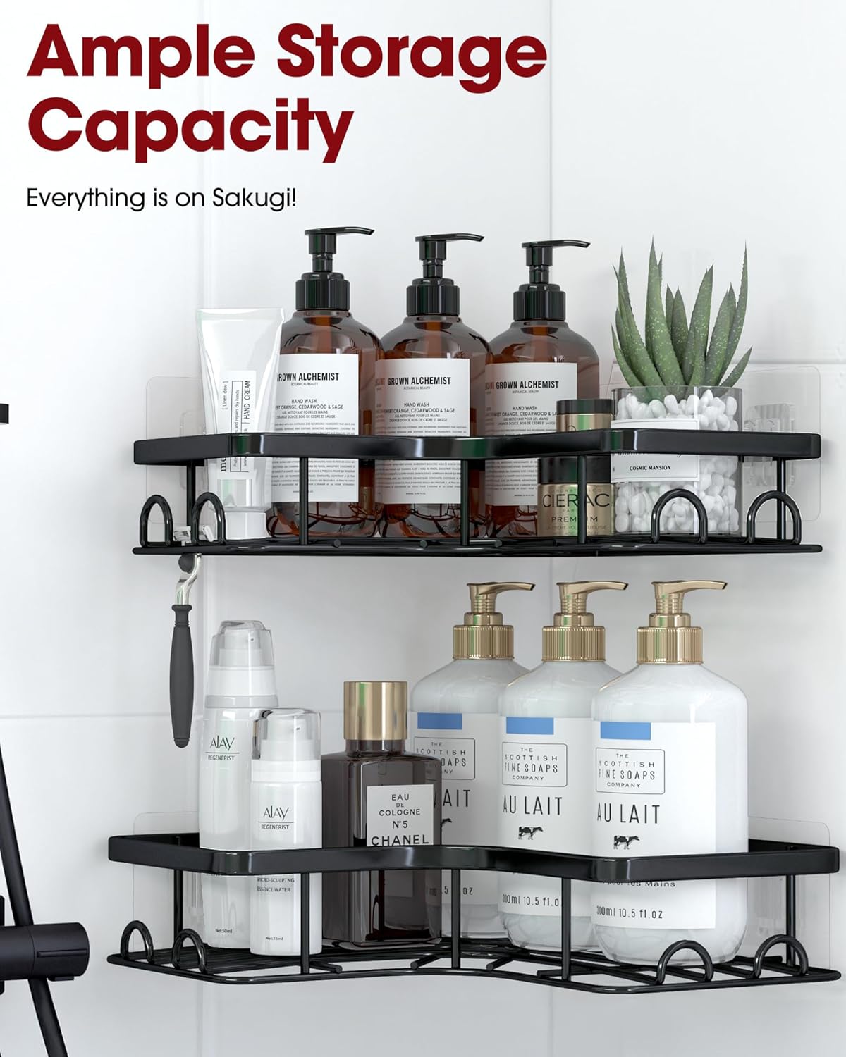 Sakugi Corner Shower Caddy - Rustproof Stainless Steel Organizers with 8 Hooks | No Drilling, 2 Pack, Black