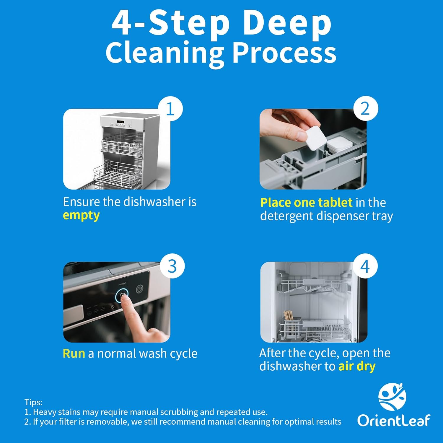 ORIENTLEAF Dishwasher Cleaning Tablets - Lemon Scent | 9-Month Supply & Deodorizer