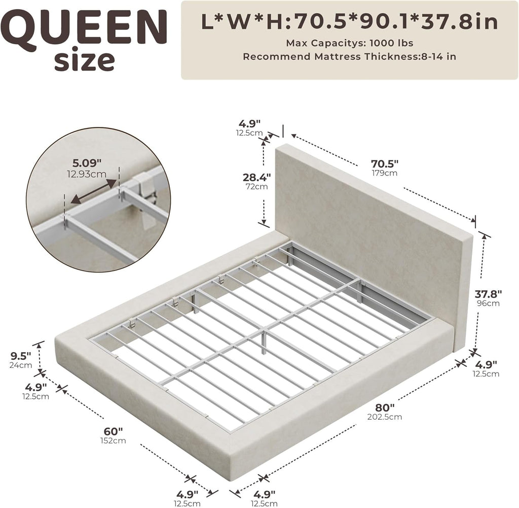 RECCI AirFrame Queen Bed Frame - Cloud Upholstered Platform with Headboard, 5-Inch Foam Cushioned, Easy Assembly | Beige Chenille