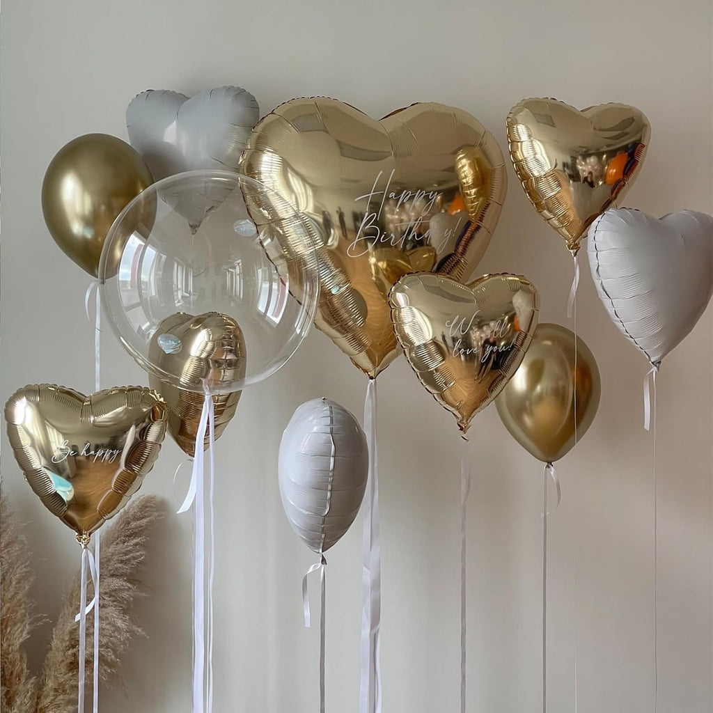 Skiennix Heart Balloons - 12Pcs Cream White & Gold Foil Balloons | 18-Inch Beige Helium Decor for Baby Showers & Weddings