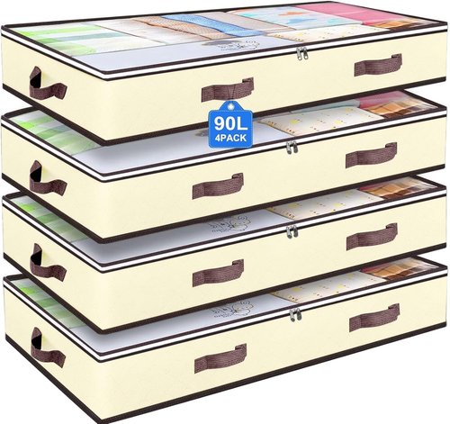 90L Under Bed Storage Containers by [Brand Name] - Foldable Organizers for Blankets, Towels & More | 4 Pack Beige