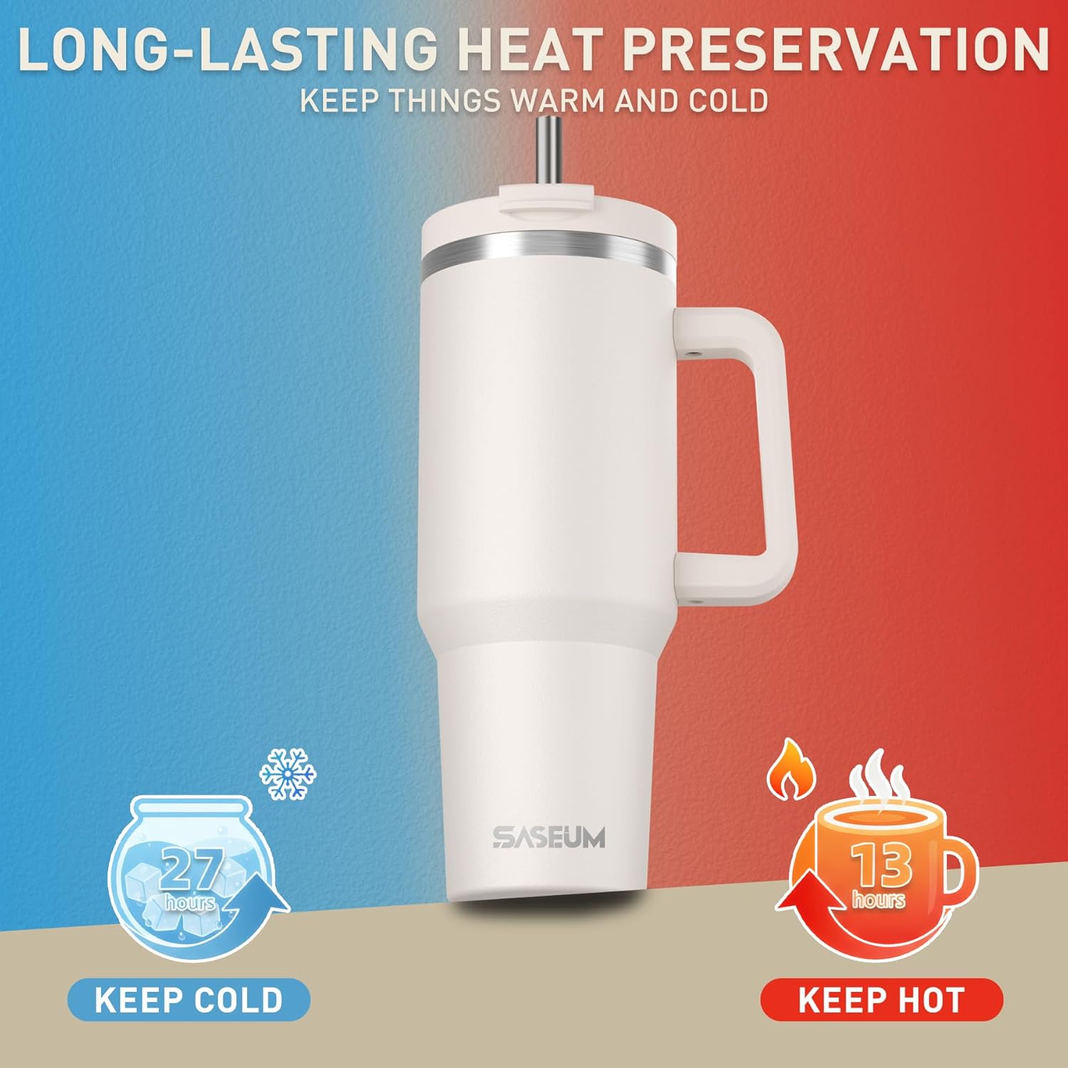 SASEUM 40 oz Stainless Steel Tumbler - Double Wall Insulated Water Bottle with Handle & Lid | White