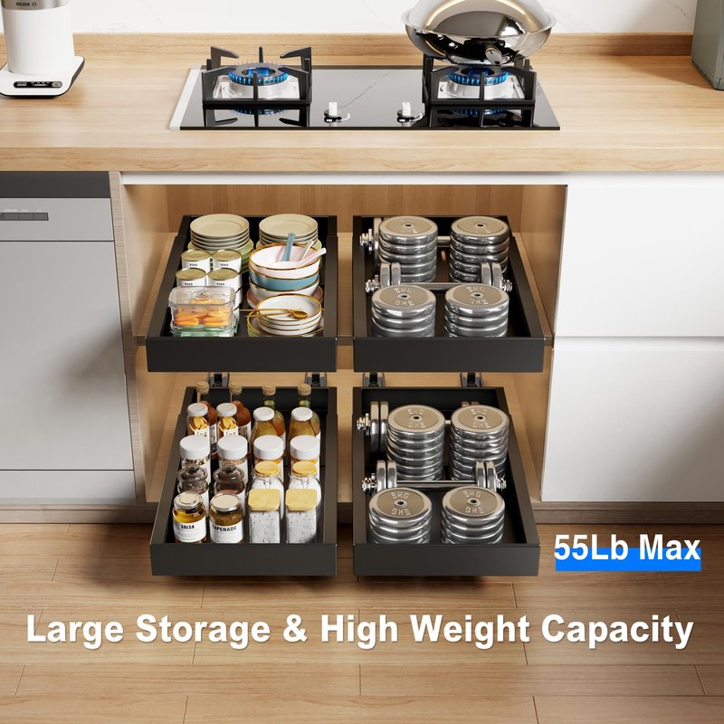 Mustorn 2 Pack Pull Out Cabinet Organizer,21.8" Deep Slide Out Drawer for Cabinets Adhesive Pull Out Drawers Heavy Duty Pull Out Shelves for Kitchen,Cupboard,Pantry,Bathroom-Black