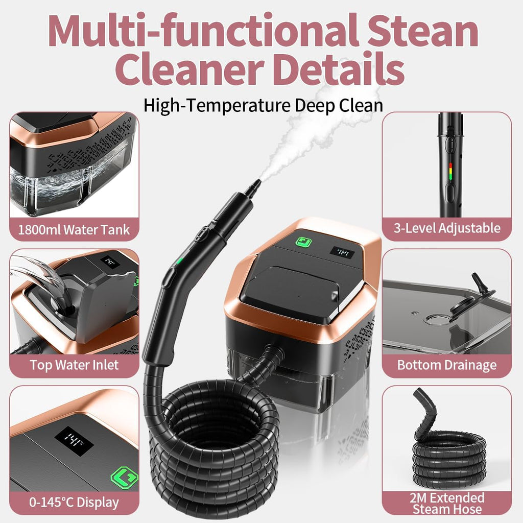 Skiennix Steam Cleaner - 3-Level Adjustable Steamer with 15s Fast Heat & 1.8L Tank for Home & Car Cleaning