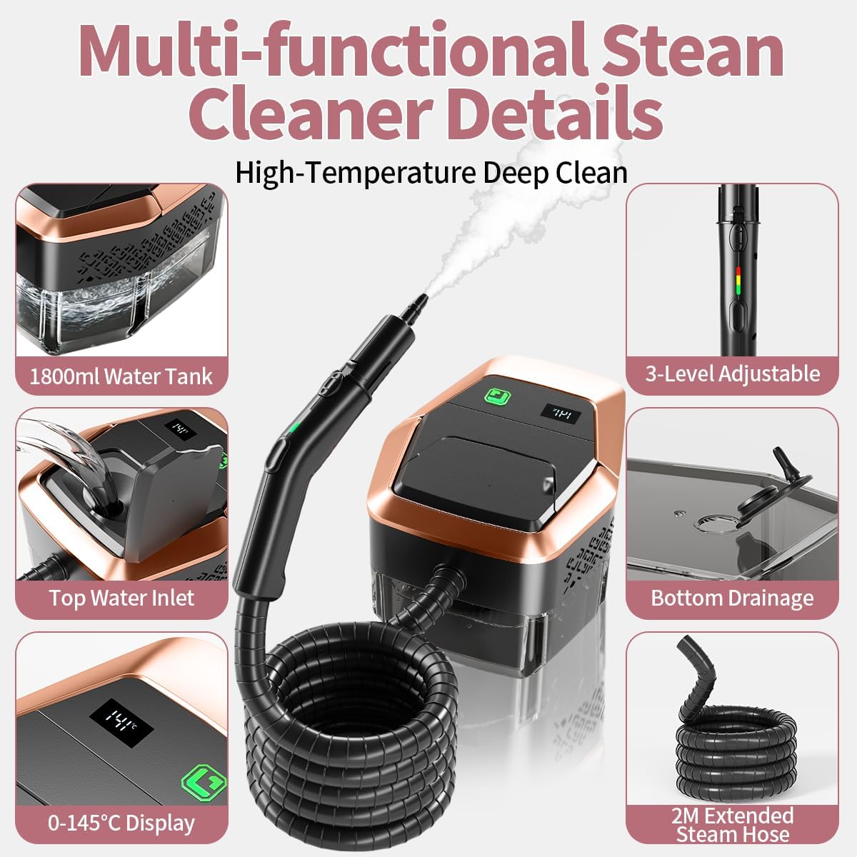 Skiennix Steam Cleaner - 3-Level Adjustable Steamer with 15s Fast Heat & 1.8L Tank for Home & Car Cleaning