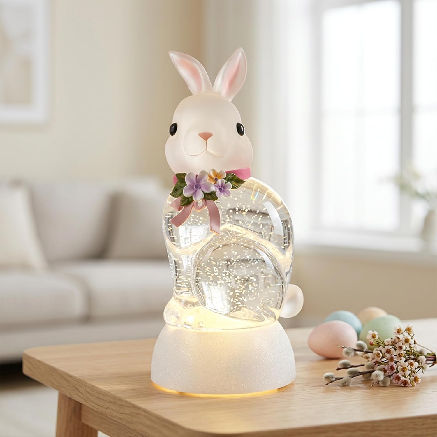 Spring Rabbit Snow Globe Lantern - Glittering Bunny Decor with 6-Hour Timer | USB & Battery Powered