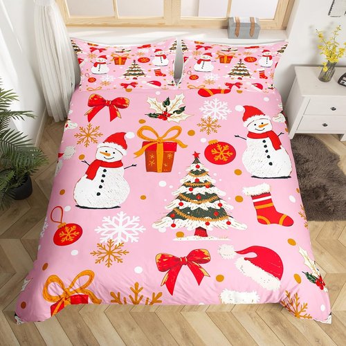 Pink Christmas Bed Sets Kawaii Xmas Tree Duvet Cover For Kids Boys Girls Winter Magic Snowflake Bedding Set Cute Snowman Comforter Cover Xmas Hats Girly Christmas Ornaments Bedroom Decor,3Pcs King