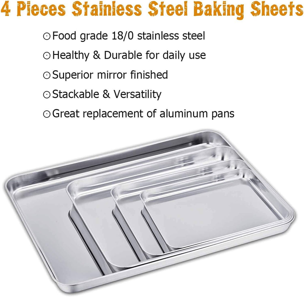 TeamFar Baking Sheet Set - 4-Piece Stainless Steel Cookie Tray Set | Non-Toxic, Rust-Free, Dishwasher Safe