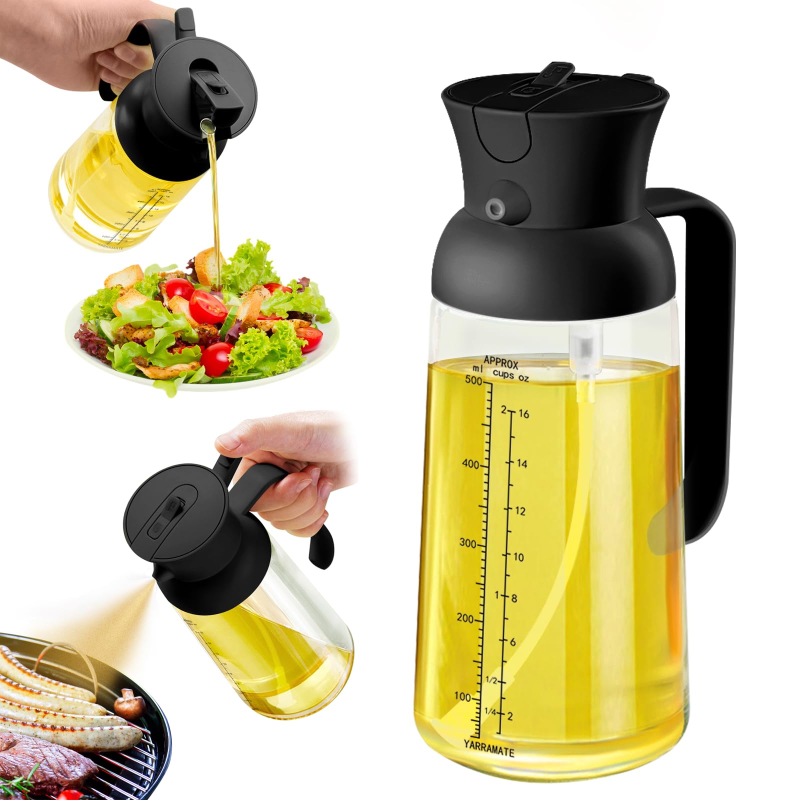 YARRAMATE Large Capacity 2 in 1 Oil Sprayer for Cooking with Measuring, 18oz/550ml Olive Oil Dispenser for Kitchen, Food-grade Oil Spritzer Bottle for Air Fryer, Salad BBQ (Black)