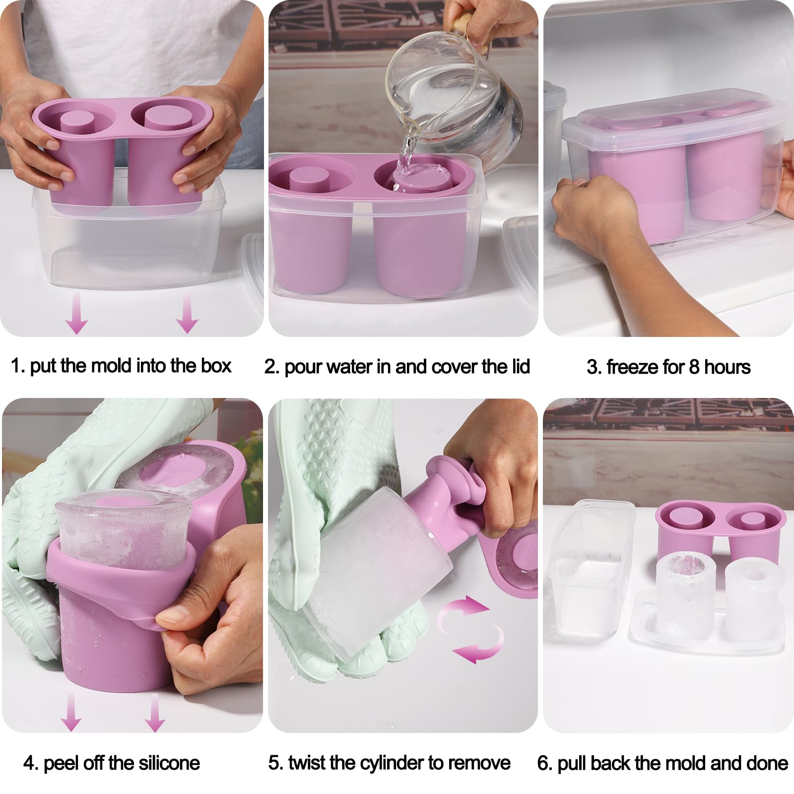 2 Packs Ice Mold for Stanley Cup, Silicone Ice Cube Tray for Stanley Cup 30oz-40oz, Tumbler Ice Mold with Lid and Bin, Easy Release Cylinder Ice Cube Mold, Lilac