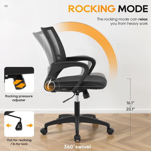BestOffice Ergonomic Office Chair - Mid-Back Swivel Design with Breathable Backrest & Lumbar Support | Adjustable Height & Rolling Wheels | Dark Black for Adults & Women