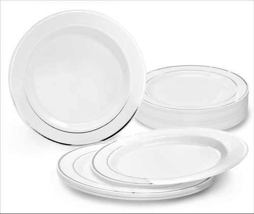 " OCCASIONS " 40 Plates Pack, Heavyweight Disposable Wedding Party Plastic Plates (7.5'' Appetizer/Dessert Plate, White & Silver Rim)
