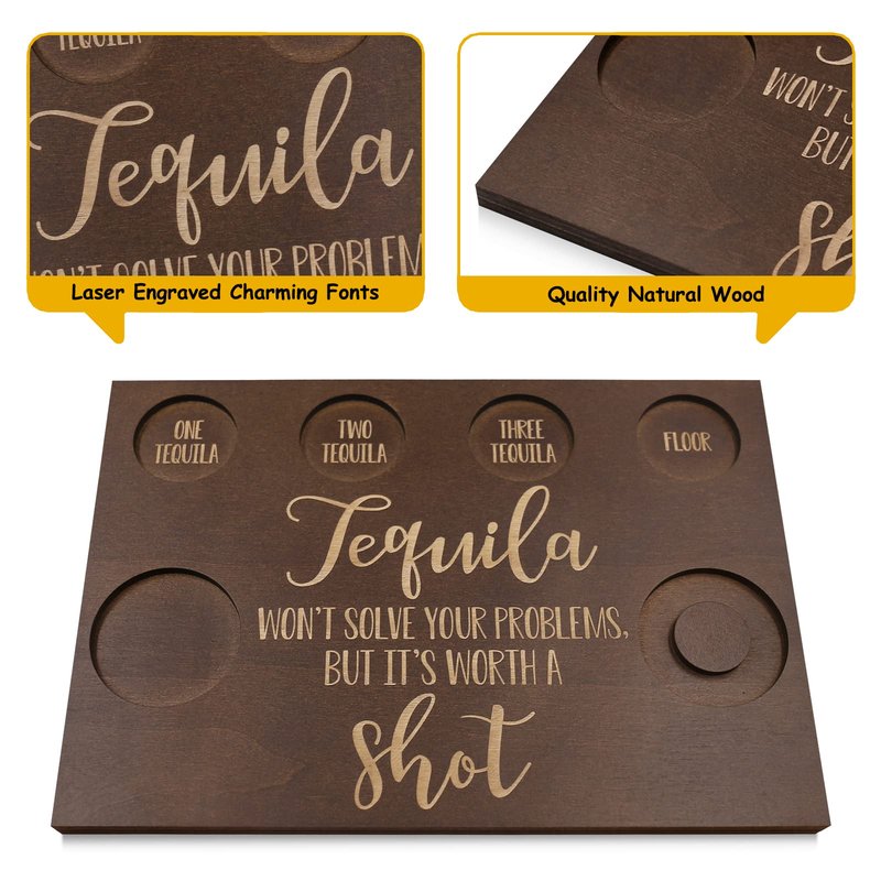 Tequila Gifts for Women and Men - Shot Board and Glass Holder Wooden Bar Tray with Salt Rim - for Liquor, Parties, Weddings, Housewarmings