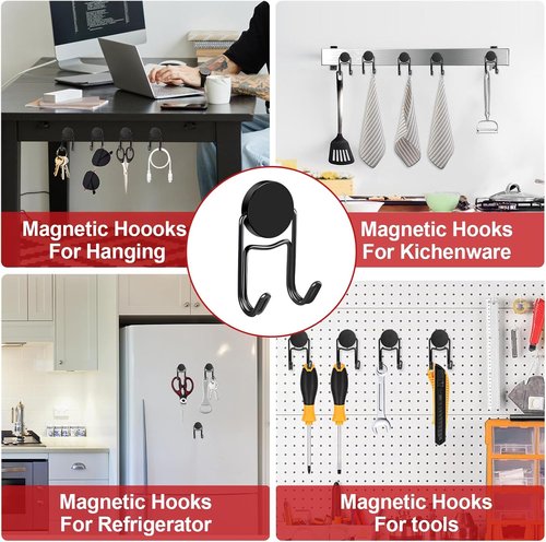 Buelkmag Magnetic Hooks - Heavy Duty 50Lbs+ Magnet Hooks for Outdoor Use | 4 Pack (Black)