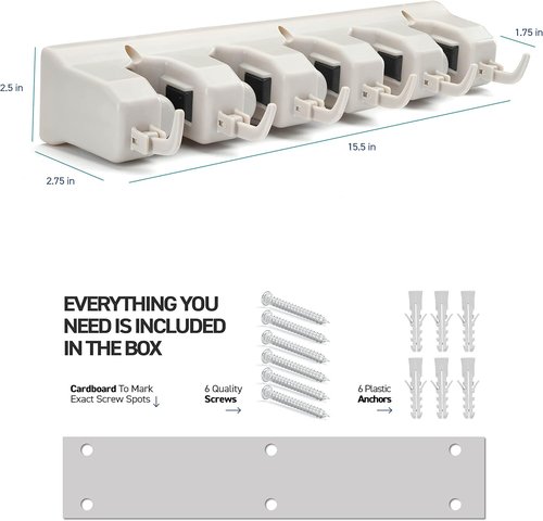 HOME IT Mop And Broom Holder Wall Mount - 5 Slots & 6 Hooks Garden Tool Organizer - Off-White